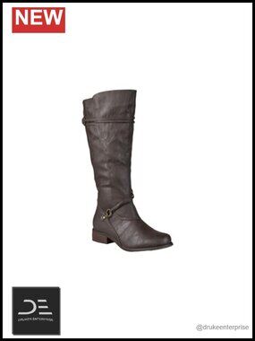 Faux Leather Riding Boots Extra Wide Calf Round Toe Block Heel Zip Closure